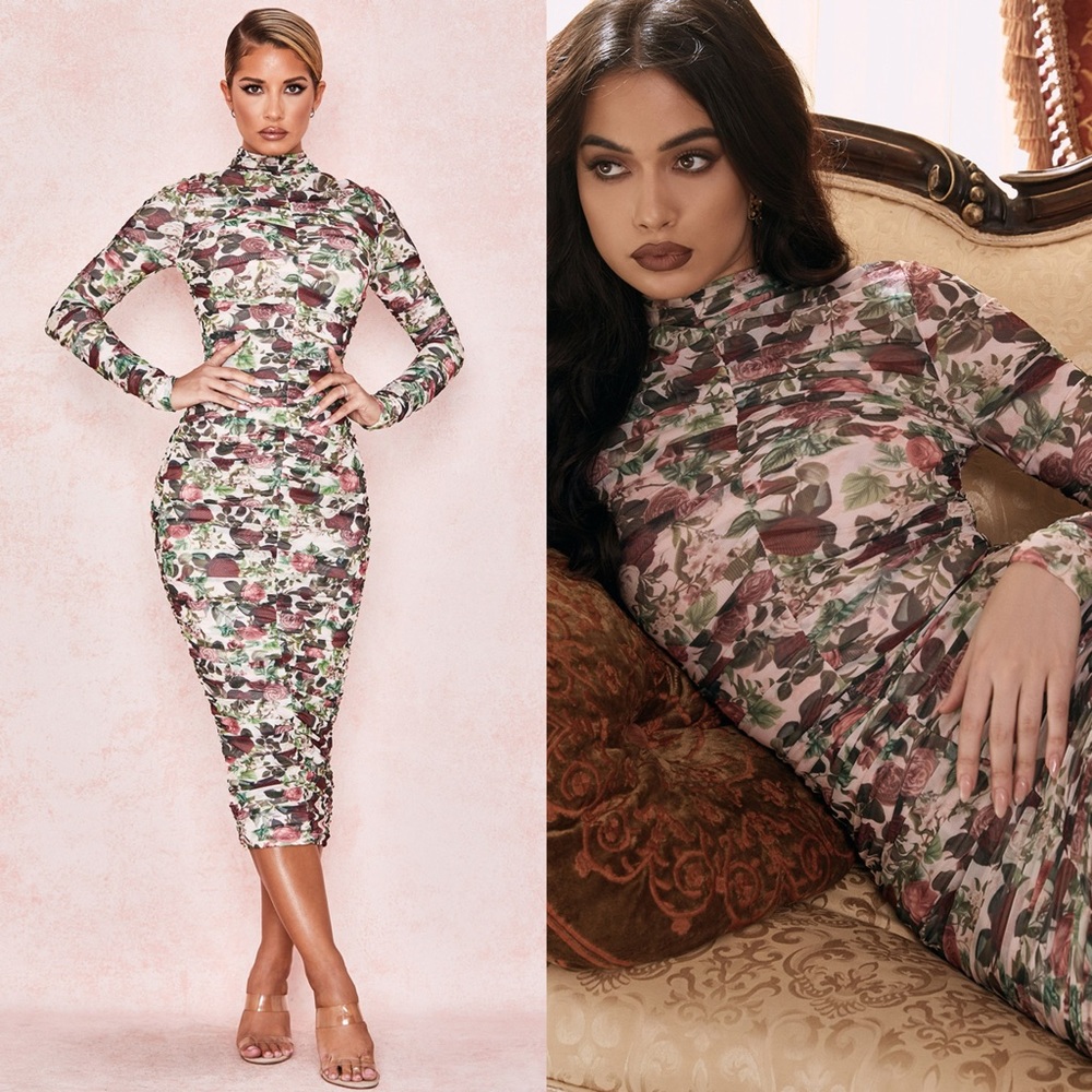 HOUSE OF CB 'Roseanne' Vintage Floral Ruched Midi Dress - Picture 1 of 5